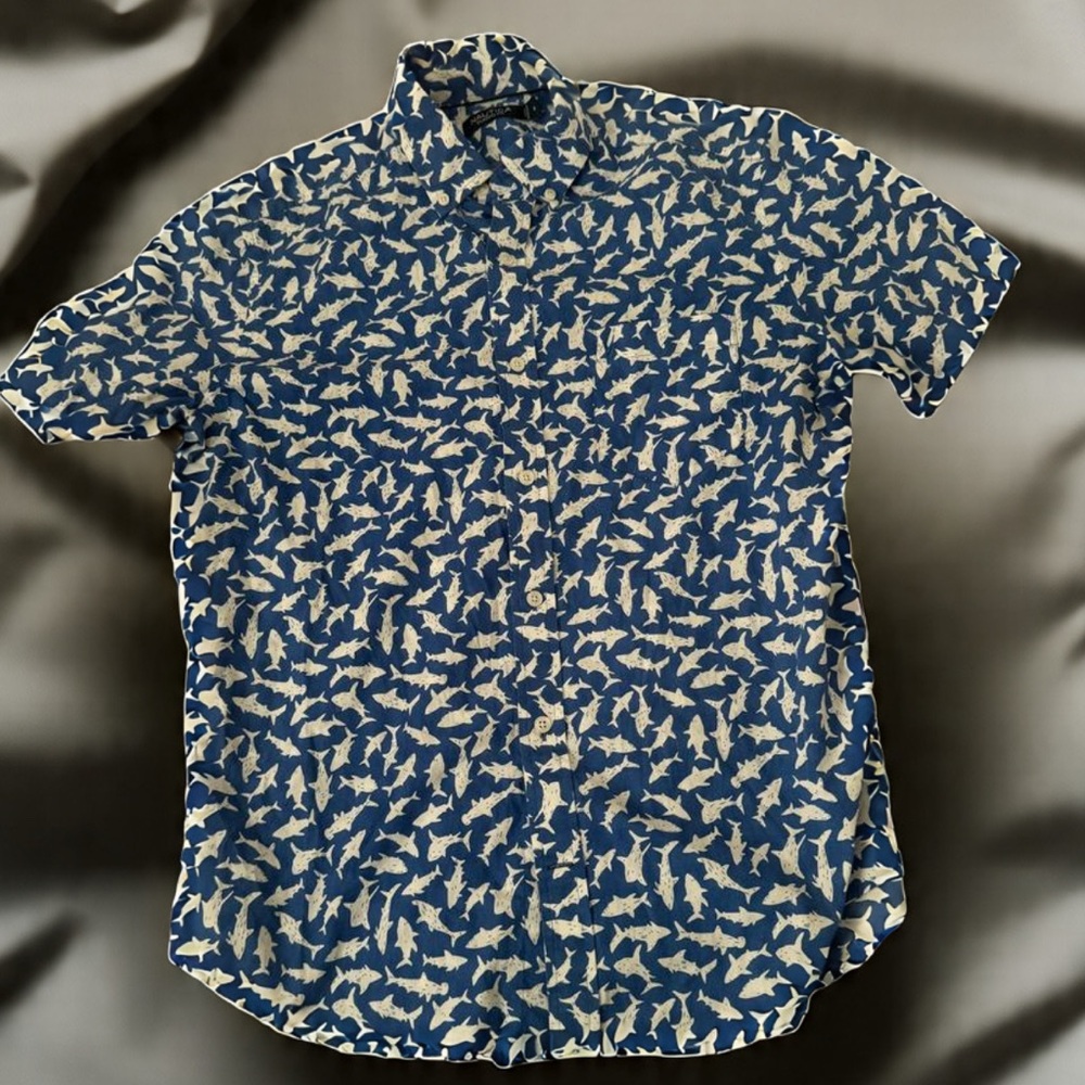 Nautica Blue and White Casual Button Down Shirt with shark Print GUC